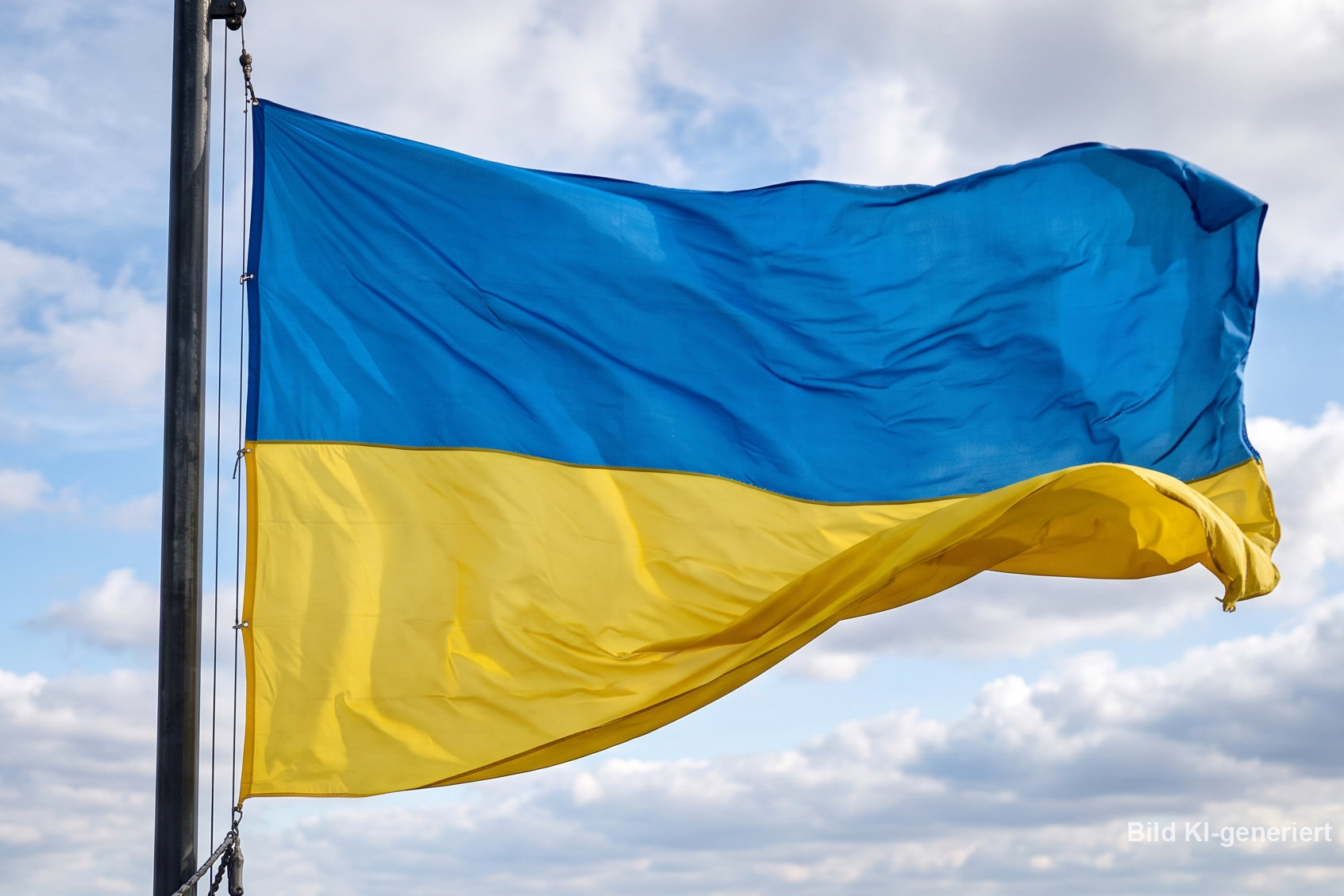 Die ukrainische Flagge weht im Wind vor bewölktem Himmel.